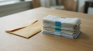 Briefumschlag und Quittungen mit farbigen Streifen auf einem Tisch