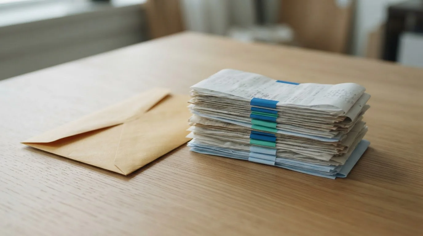 Briefumschlag und Quittungen mit farbigen Streifen auf einem Tisch