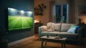 Fernseher mit beleuchtetem Spielfeld und Sofa im Wohnzimmer