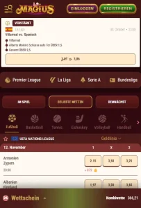 Mobile Startseite von Magius mit Navigation zu den Sportwetten