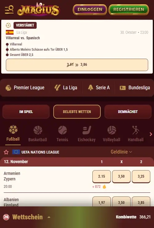 Mobile Startseite von Magius mit Navigation zu den Sportwetten
