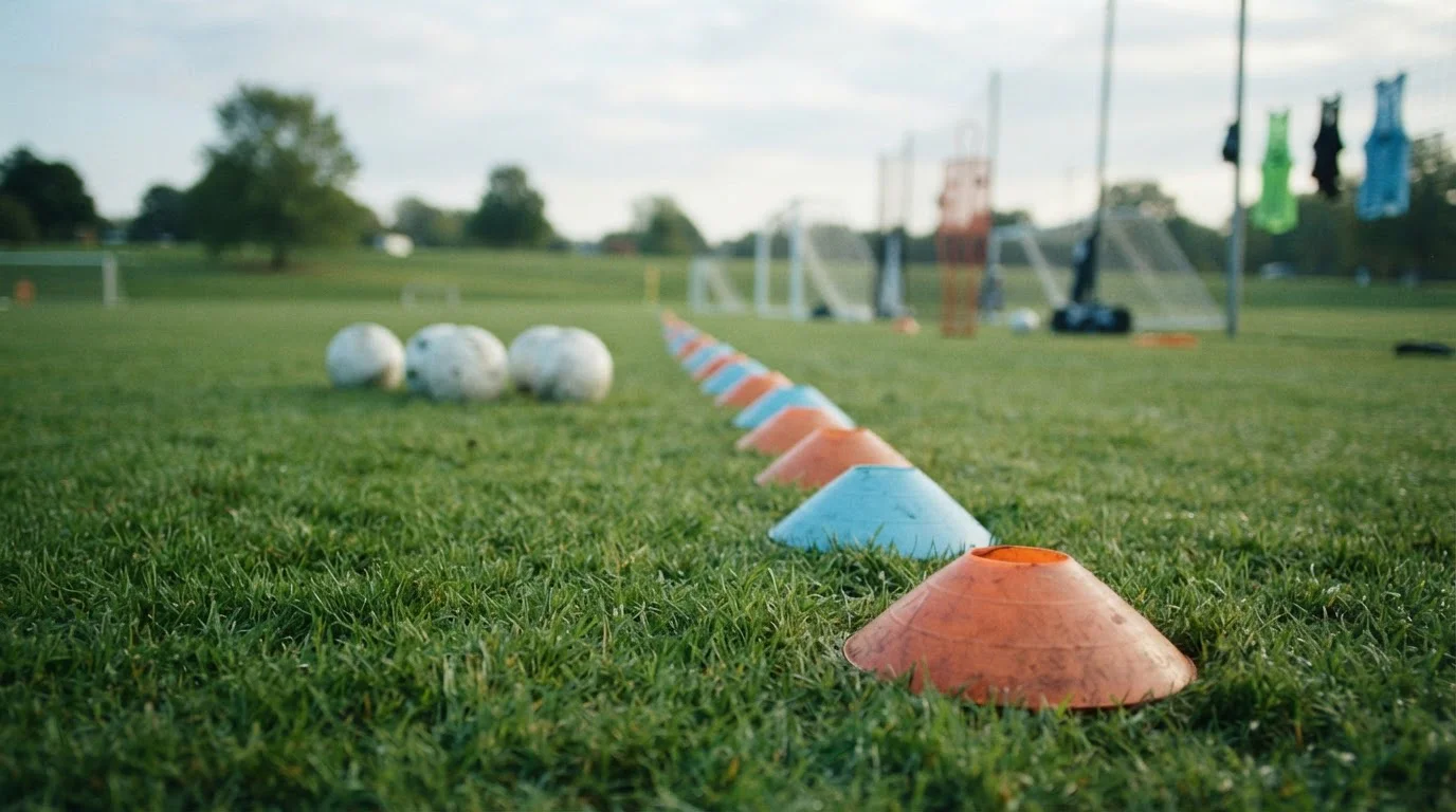 Trainingskegel, Netz und Sportbälle neben einem Fußballfeld